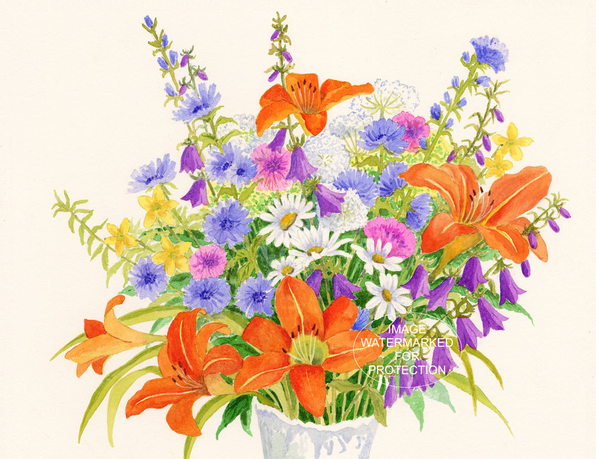 Floral Art "Daylily Bouquet" by Doris Wilbur Artist, Watercolor Art, Artwork, Nature, Prints, Wall Art, Flowers, Limited Edition