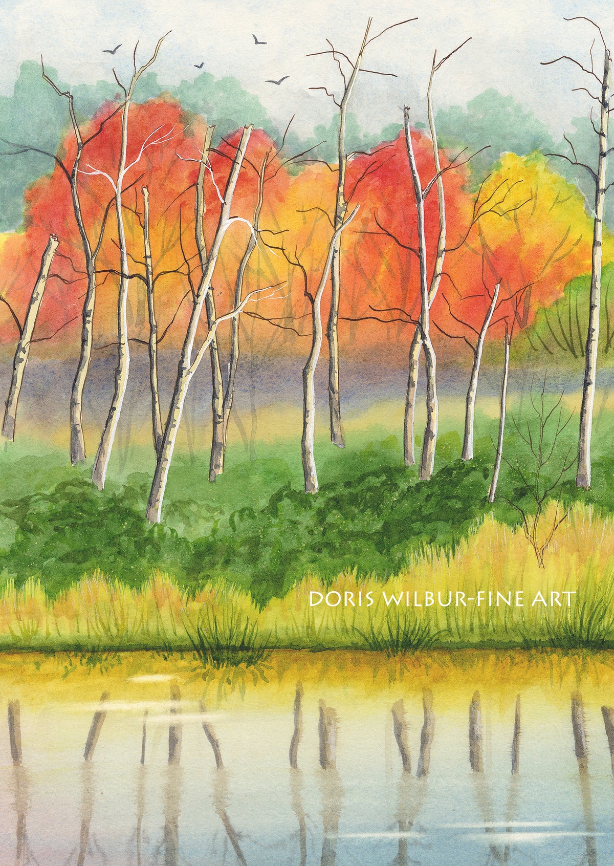 Landscape Art "Rainbow Bog" by Doris Wilbur Artist, Watercolor Art, Nature, Prints, Wall Art, Flowers, Limited Edition, Trees, Ponds