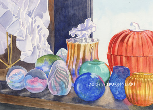 Limited Edition Print "Bement Glassware" by Doris Wilbur Artist, Antiques, Farmhouse Decor, Country Decor Wall Art, Watercolor Art Glassware