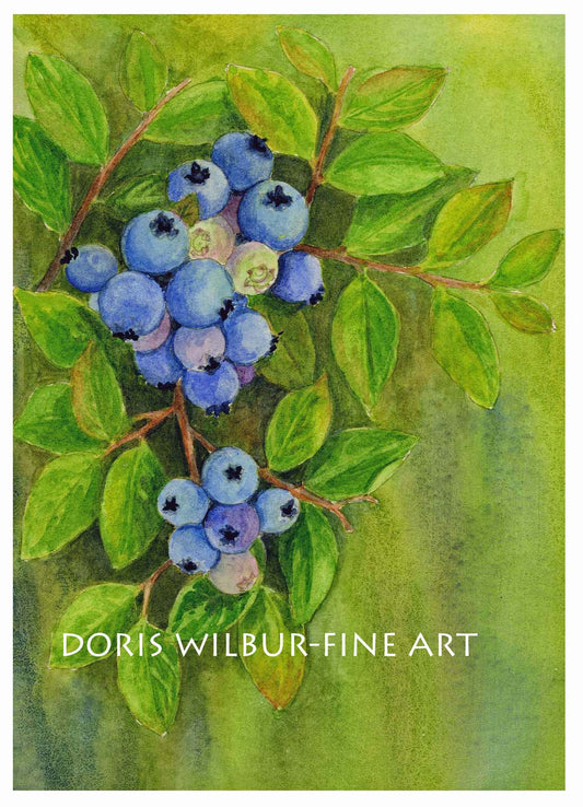 Limited Edition print "Blueberries" by Doris Wilbur, farmhouse country decor, wall art, gift, ready to frame, nature print, watercolor print