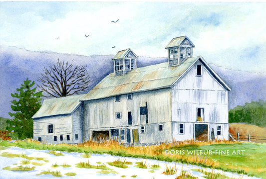 Barn Art by Doris Wilbur Artist, "Grey Barn Route 23", Farmhouse Decor, Country, Rural, Landscape, Old Barn, Rustic Barn, Watercolor, Dairy