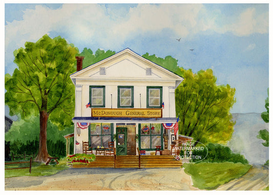 Barn Art by Doris Wilbur, "McDonough General Store", Country, Rural, Landscape, Old Barn, Farmhouse Decor, Rustic Barn, Watercolor Art