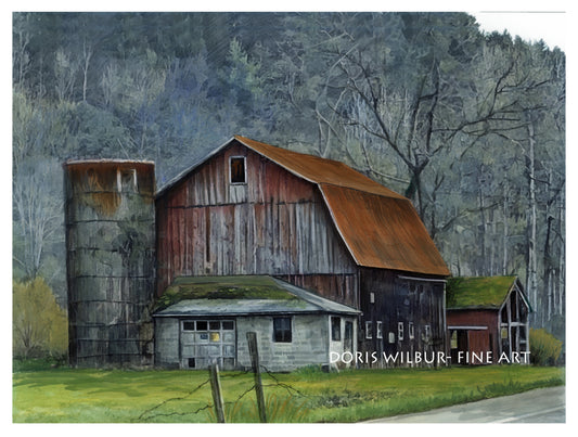 Old Barn Art "Owego Barn Rte 38" by Doris Wilbur-Artist, country farmhouse decor, roadside Americana, gift, rural, dairy farm, original art