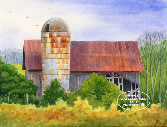 Barn Art by Doris Wilbur, "Roadside Barn", Country, Rural, Landscape, Old Barn, Farmhouse Decor, Rustic Barn, Watercolor Art, Print, Dairy