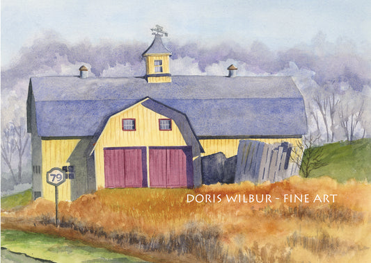 Barn Art by Doris Wilbur, "Route 79 Yellow Barn", Country, Rural, Landscape, Old Barn, Farmhouse Decor, Rustic Barn, Watercolor Art, Print