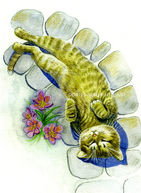 Country Artwork of "Sunbathing Kitty" by Doris Wilbur Artist, kittens, cats, giclee, original art prints, watercolor artwork, floral, garden