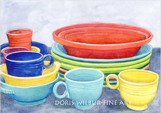 Limited edition print of watercolor "Vintage Dishes" by Doris Wilbur-Artist, wall art, country decor, antiques, farmhouse decor, kitchen art