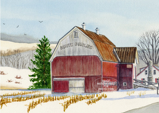 Barn Art by Doris Wilbur Artist, "White Gables", Country, Rural, Landscape, Old Barn, Rustic, Watercolor, Farmhouse Decor, Dairy, Print