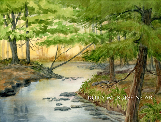 Limited Edition print of Watercolor painting "Woodland Stream" by Doris Wilbur-Artist, nature art landscape wall art farmhouse country decor