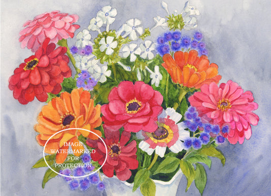 Floral Art "Zinnia Bouquet" by Doris Wilbur Artist, Watercolor Art, Artwork, Nature, Prints, Wall Art, Flowers, Limited Edition