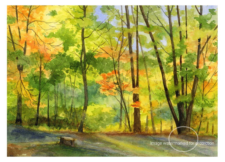 Landscape Art "Autumn Golds Greens" by Doris Wilbur Artist, Watercolor Art, Artwork, Nature, Prints, Wall Art, Trees, Limited Edition. Fall