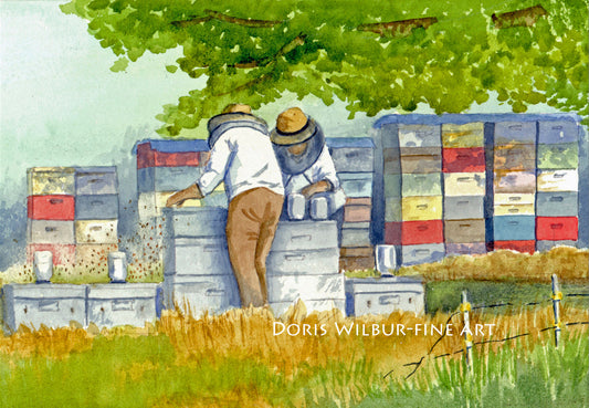 Country Artwork of "The Beekeepers" by Doris Wilbur Artist, Farmhouse decor, watercolor painting, prints of original art, rural art, Honey