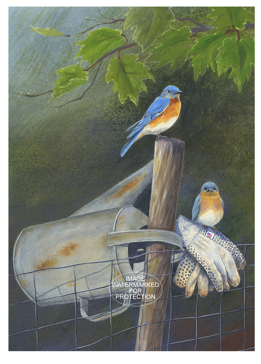 Bird Artwork "Bluebird Gardeners" by Doris Wilbur Artist, Watercolor Art, Native Birds, Songbirds, Wall Art, Wild Birds, Farmhouse decor