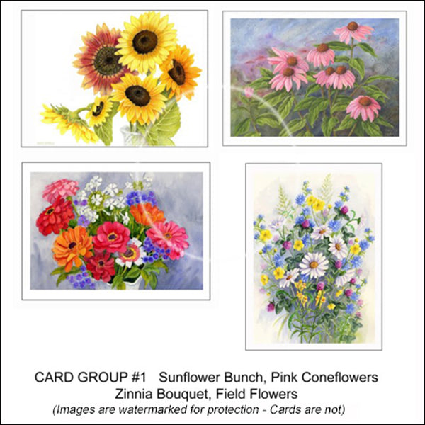 Card Group #1, "Sunflowers, Pink Coneflowers, Zinnias, Field Flowers" Quality Cards, Florals, Garden Art, Farmhouse Decor, Country Decor