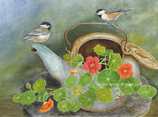 Print of watercolor painting "Chickadees with Flowers" by Doris Wilbur Artist, wall art, farmhouse country decor, rustic art, bird art gift