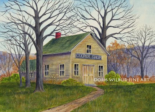 Barn Art by Doris Wilbur-Artist, "The Cooper Shop", 11"x14", Farmhouse Decor, Country, Rural, Landscape, Old Building, Rustic, Watercolor
