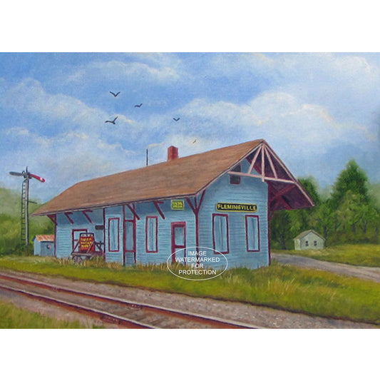 Old Train Station "Flemingville Depot" a Limited Edition Giclee Print by Doris Wilbur, from Original Oil Painting, Owego, Newark Valley art.