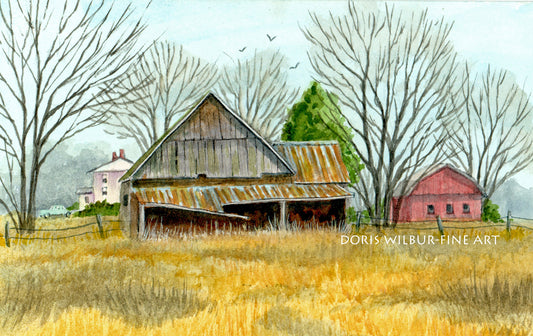 Barn Art by Doris Wilbur, "Harford Barn", Country, Rural, Landscape, Old Barn, Farmhouse Decor, Rustic Barn, Watercolor Art, Print, Dairy
