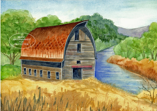 Barn art by Doris Wilbur, "Little Creek Barn" country, rural landscape, old barn, farmhouse decor, rustic barn, watercolor, limited print