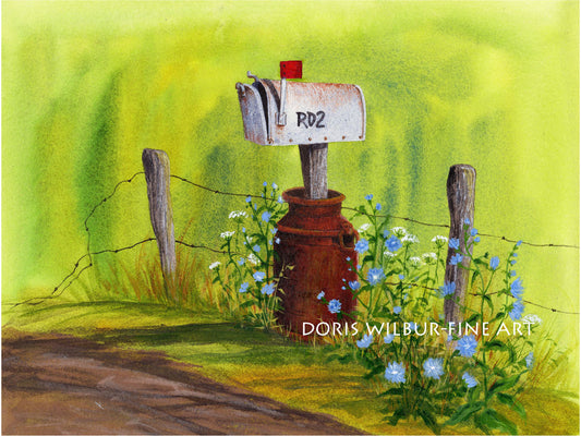 Landscape Art by Doris Wilbur, "Mailbox RD2", Country, Rural Landscape, Farmhouse Decor, Rustic, Watercolor, Print, Giclee, Dairy, backroad