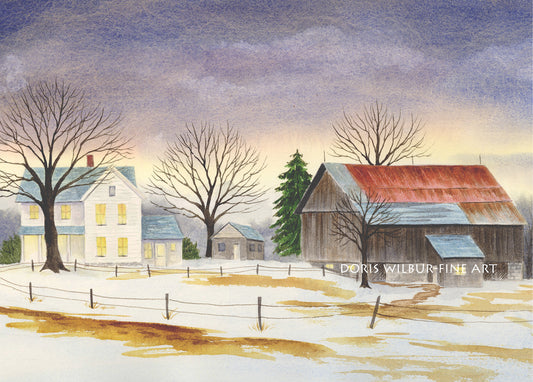 Barn Art by Doris Wilbur, "Milking Time", Country, Rural, Landscape, Old Barn, Farmhouse Decor, Rustic Barn, Watercolor Art, Print, Dairy