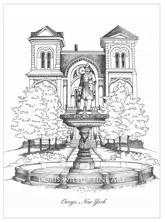 Print "Owego Courthouse" by Doris Wilbur-Artist, 8x10 Limited Edition Print of Ink Drawing, wall art, gift, Country decor ready to frame art
