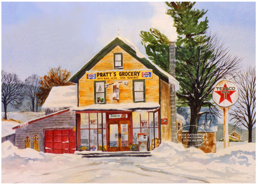 Print of "Pratt's Grocery" by Doris Wilbur-Artist, rural farmhouse country decor, old store, wall art, limited edition print, watercolor art