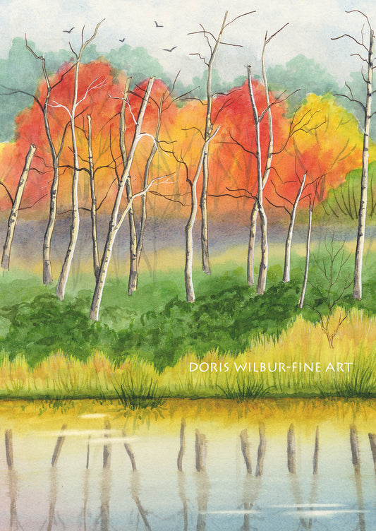 Landscape Art "Rainbow Bog" by Doris Wilbur Artist, Watercolor Art, Nature, Prints, Wall Art, Flowers, Limited Edition, Trees, Ponds