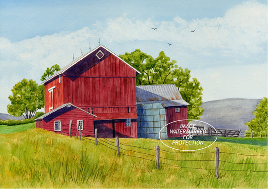 Barn Art by Doris Wilbur Artist, "Red Barn Route 11", Farmhouse Decor, Old Barn, Country, Rustic, Watercolor Art, Dairy, Print, Landscape