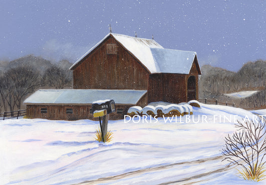 Barn Art by Doris Wilbur Artist, "Route 220 Snow Barn", Farmhouse decor, rural, landscape, old barns, dairy, watercolor painting, print