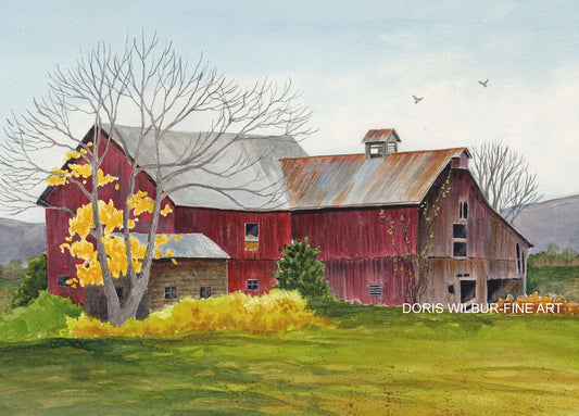 Barn Art by Doris Wilbur Artist, "Slatersville Barn", farmhouse decor, Country, Rural, old barn, rustic barn, watercolor painting, dairy