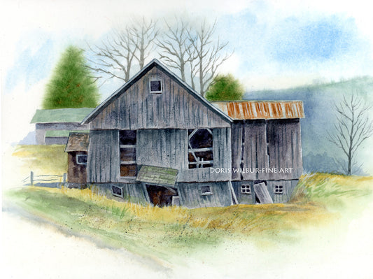Barn Art by Doris Wilbur, "Wonky Barn Rte. 23", Country Rural, Landscape, Old Barn, Farmhouse Country Decor, Watercolor Art Print, Dairy Art